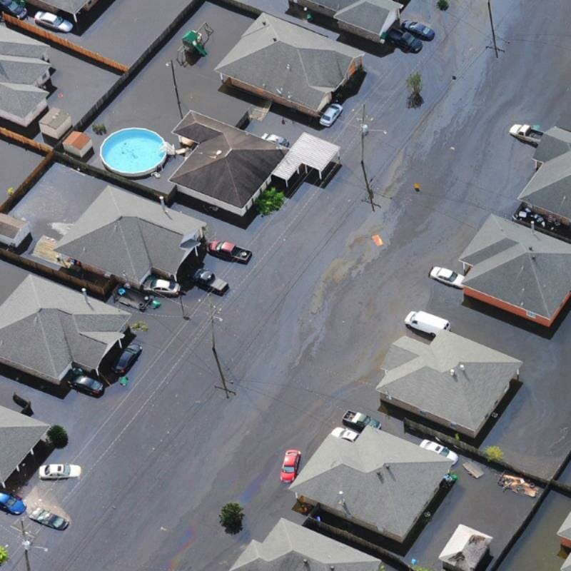 Arial view of a flooded residential neighbourhood